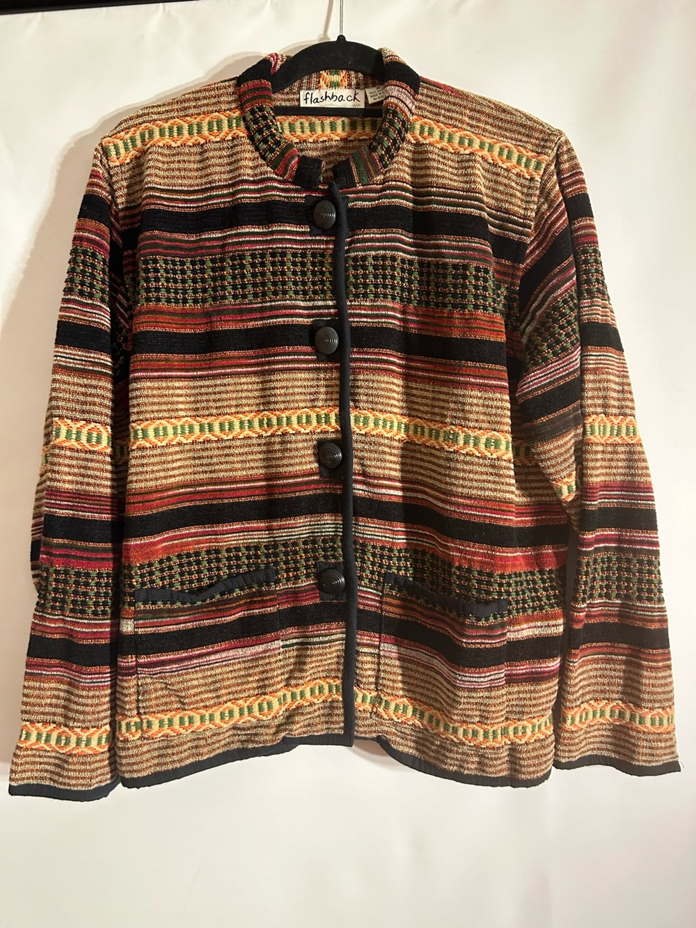 FLASHBACK  100% COTTON VINTAGE BOHO AZTEC PATTERN BUTTONS SWEATER/JACKET MED